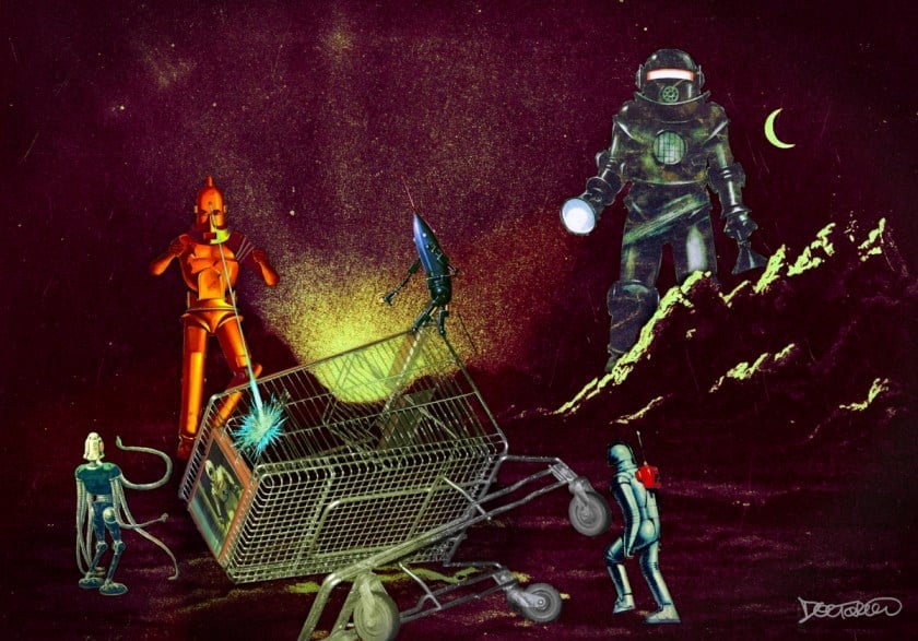 A blasted, dark, cratered moonscape, dominated by an overturned shopping cart, which is being swarmed with killer robots from pulp magazines.