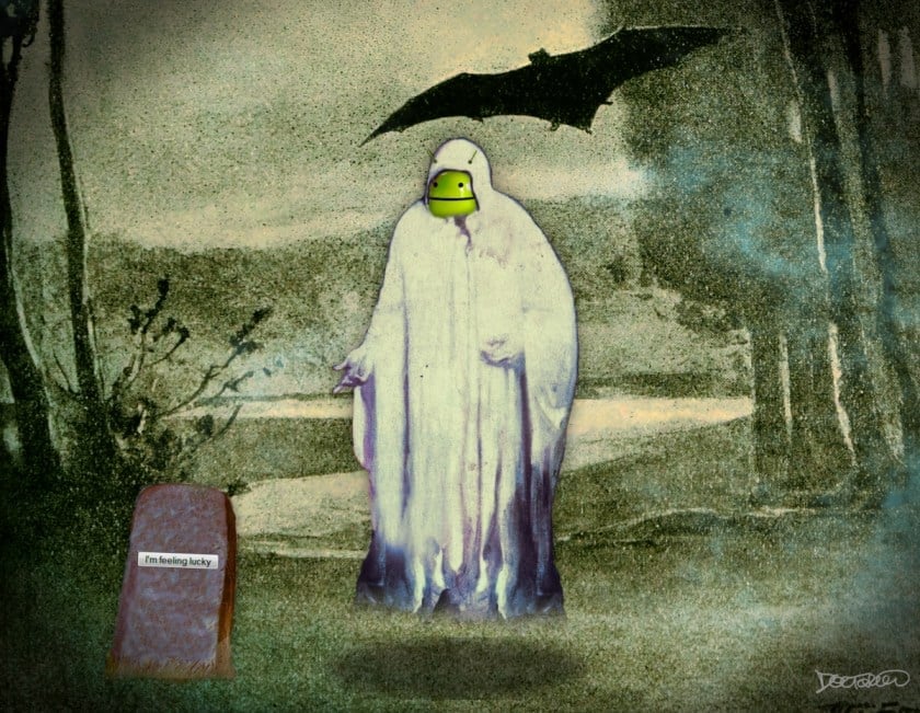A haunted burial ground by a lake, with a bat flying overhead. A haint in a shroud floats over the scene, its face is the Google Android droid. The sole, listing tombstone reads 'I'm feeling lucky.'