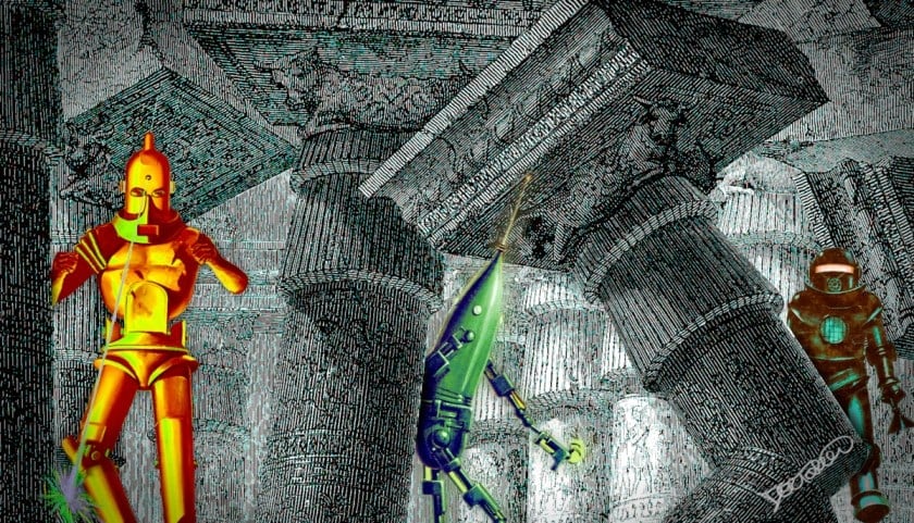 A detail from Dore's engraving of Samson destroying the temple, depicting tumbling classical columns. Amid the columns, wreaking havoc, are three sf pulp magazine robots.