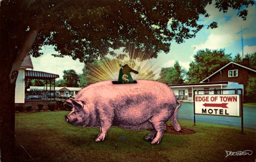 A faded, scratched postcard advertising the 'Edge of Town Motel.' Next to the motel sign is a vast pink piggybank, out of whose slot rises a motel key on a diamond keychain, emblazoned with a metallic dollar-sign.