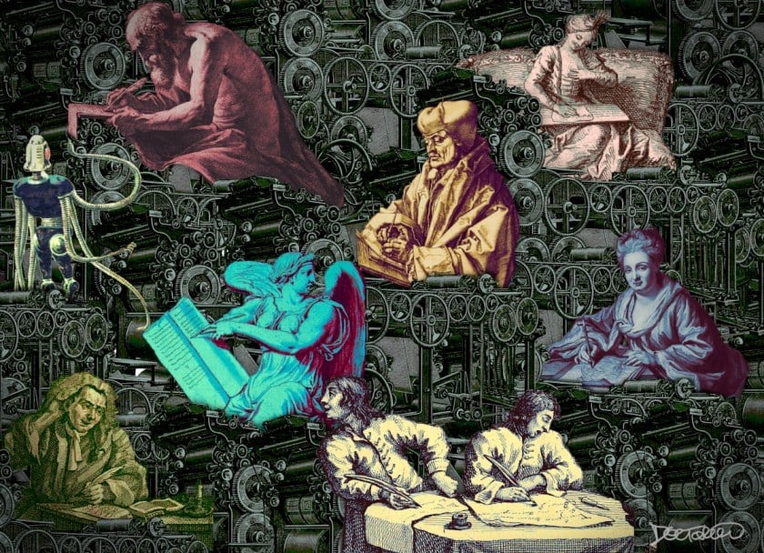 A vast field of complicated machinery composed of many-times-overlaid 19th century printing presses. Caught in these gears are several figures who are all writing - a bearded Greek in a loincloth, a severe doge, a grande dame, a lady upon her settee, a recording angel, two drunken clerks at a table, a tormented poet in a wig. Invading the scene is a many-tentacled pulp robot.