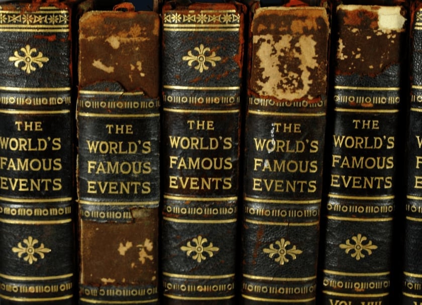 A shelf of leatherbound history books with a gilt-stamped series title, 'The World's Famous Events.'