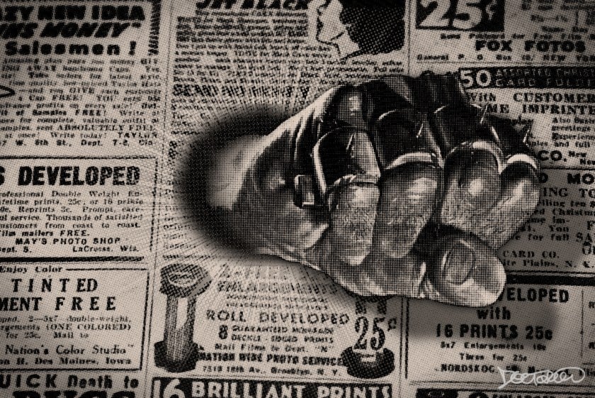 A halftoned, yellowing scan of a 1940s page of newspaper ads. Emerging from the ads is a halftoned fist clad in spiked brass kuckles.