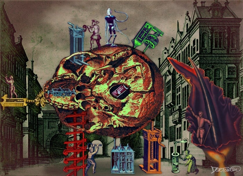 A medieval engraving of an Italianate city; floating in the middle is a giant skull (anterior view). Surrounding the skull is a series of 17th C European machine parts, being worked by tiny engravings of 17th C rude mechanicals. A strangely erotic, massive flower looms out of the right; standing amid its proudly thrusting stamen is a 17th C swordsman.