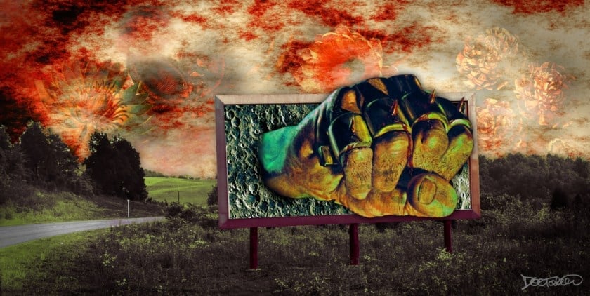 A lonely country road with a large roadside billboard. Thrusting out of the billboard is a punching fist with bloody, spiked brass knuckles; it is surrounded by scabrous craters. The sky is a psychedelic roil of red-brown clouds, from behind which loom indistinct, vast tropical flowers.